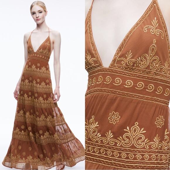 Alice + Olivia Karolina Embroidered Gold and Camel Tiered Maxi Dress Size 10 - Picture 2 of 11